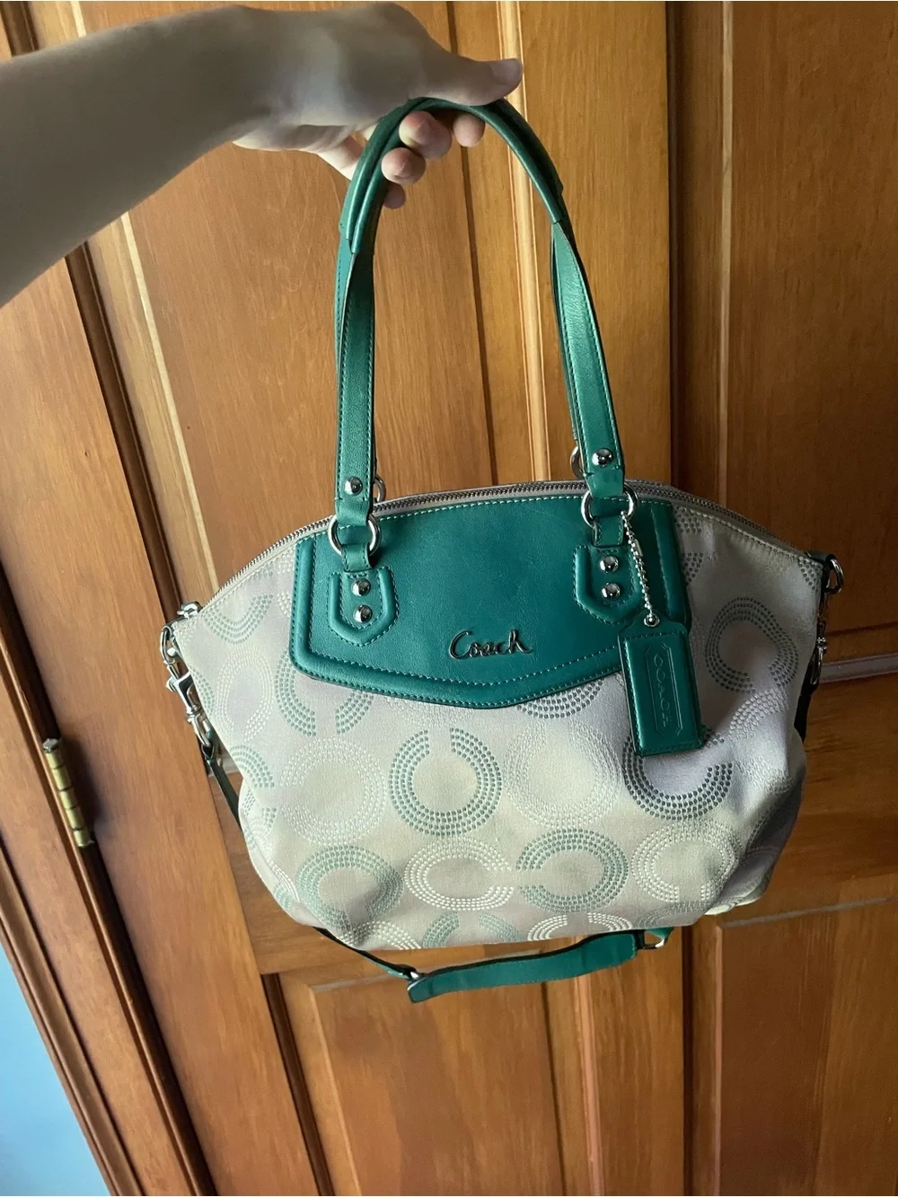 Coach Sabrina Signature C Print Sateen Fabric w/Green Leather Trim F25183